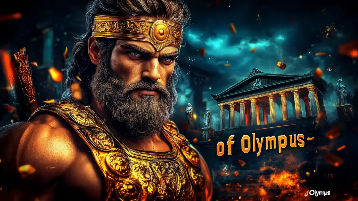 The mighty Zeus from the 'Gates of Olympus' slot stands in his golden armor before his temple, ready to unleash powerful, divine wins upon players at the PGCASH88B online casino.
