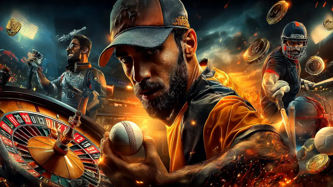 A composite image of an intense baseball player, a football player, and a roulette wheel, representing the thrilling combination of sports betting and casino games available at PGCASH88B.