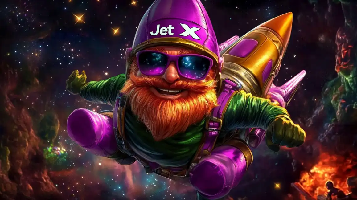 A cool gnome pilot with a jetpack flies through a vibrant galaxy, promoting the 'JetX' crash game. Blast off for astronomical wins when you play JetX at PGCASH88B.