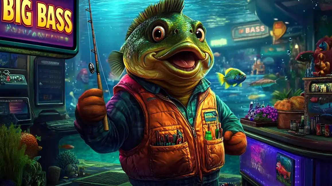 A cool, anthropomorphic bass fish wearing a fishing vest stands in a bait shop, representing the fun and quirky 'Big Bass' series of slot games available at PGCASH88B.