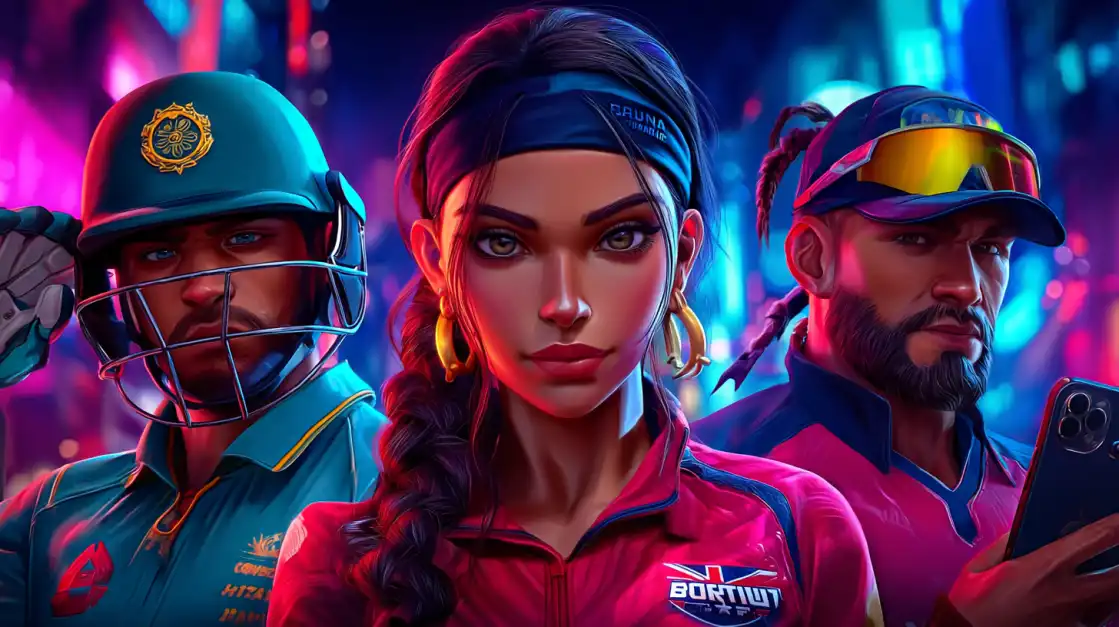 A team of three stylish cricket players, a woman and two men, stand ready for action in a vibrant, neon-lit city, representing the modern and exciting world of cricket betting at PGCASH88B.
