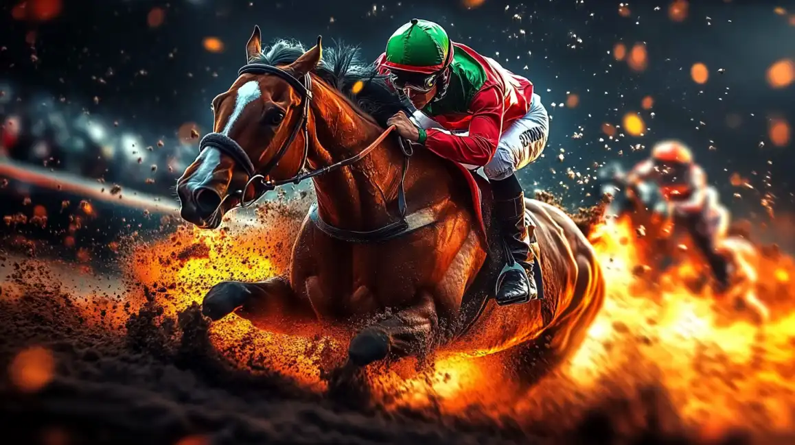 A jockey races a powerful horse through a track of fire and sparks, capturing the thrilling, high-stakes action of horse race betting available on the PGCASH88B platform.