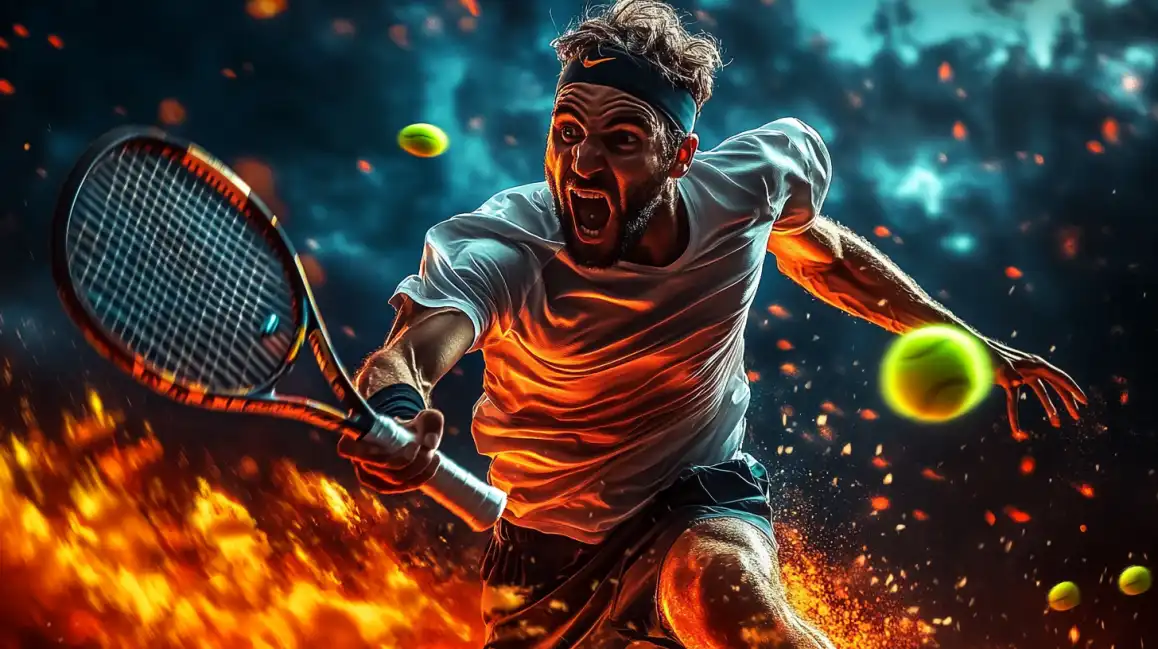 An intense male tennis player hits a powerful return shot against a fiery, explosive background, showcasing the high-energy excitement of live tennis betting at PGCASH88B.