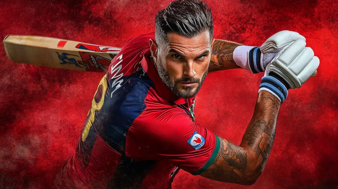 An intense male cricket player with tattoos swings his bat against a dynamic red background, capturing the power and passion of the game. Bet on all the action at PGCASH88B.