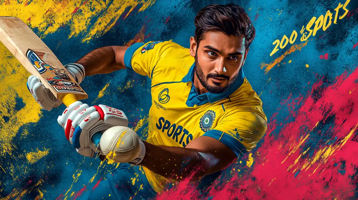 A determined male cricket player in a yellow jersey prepares to bat, with '200% SPORTS' text, highlighting the fantastic sports betting welcome bonus available at PGCASH88B.