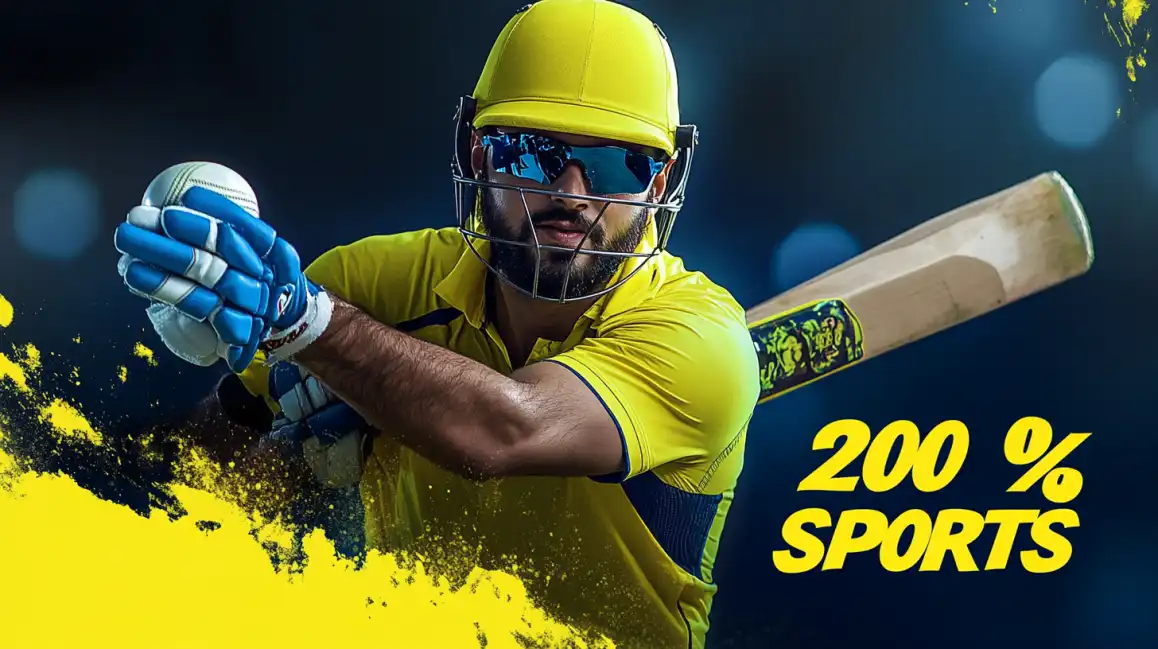 An intense cricket player in a yellow uniform holds a ball and bat, with a '200% SPORTS' bonus text, promoting the generous welcome offer for sports betting at PGCASH88B.