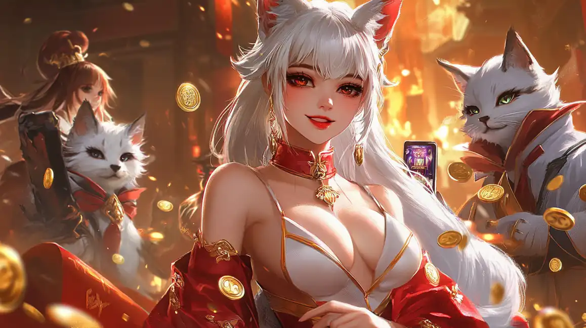 A beautiful anime woman with white hair and cat ears holds a phone while surrounded by dapper cats, enjoying the fun and unique animal-themed slot games at PGCASH88B.